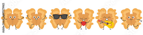 Set walnut cute character cartoon greeting jumping loves sings running emotions joy happiness smiling face icon nut beautiful vector illustration.