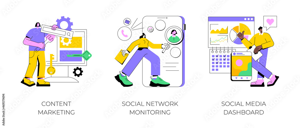 SMM strategy abstract concept vector illustration set. Content marketing, social network monitoring, social media dashboard, digital marketing, user engagement, report analysis abstract metaphor. SMM strategy abstract concept vector illustration set. Content marketing, social network monitoring, social media dashboard, digital marketing, user engagement, report analysis abstract metaphor.