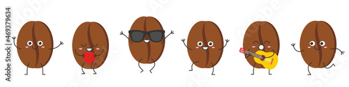Set coffee beans cute character cartoon greeting jumping loves sings running smiling face happy joy emotions dark brown sign coffee drink vector illustration.