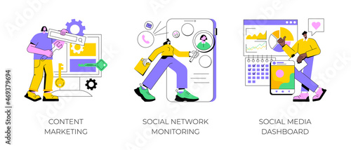 SMM strategy abstract concept vector illustration set. Content marketing, social network monitoring, social media dashboard, digital marketing, user engagement, report analysis abstract metaphor.
