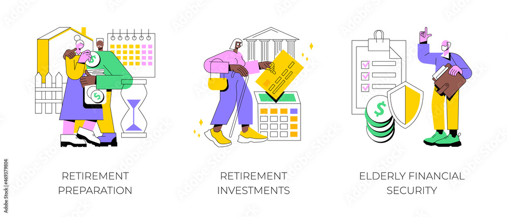 Retirement financial planning abstract concept vector illustration set. Retirement preparation, investments and elderly financial security, retiree budget, pension account, seniors abstract metaphor.