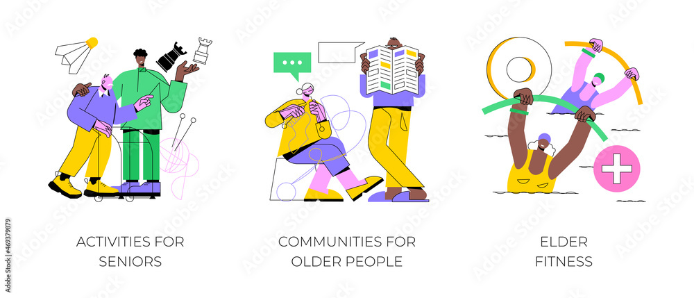 Retiree lifestyle abstract concept vector illustration set. Activities for seniors, communities for older people, elder fitness, nursing home, health support, social activity abstract metaphor. Retiree lifestyle abstract concept vector illustration set. Activities for seniors, communities for older people, elder fitness, nursing home, health support, social activity abstract metaphor.