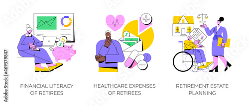 Retiree budget plan abstract concept vector illustration set. Financial literacy of retirees, healthcare expenses, retirement estate planning, health insurance plan, law advisor abstract metaphor.