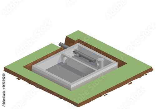 Vector illustration of a house construction stage. Cement foundation, basement. Pipes for water, boiler. Isometry