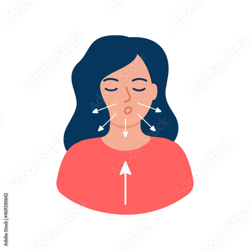 Girl is doing breathing exercise, deep exhale and inhale. Breathing exercise. Healthy yoga and relaxation. Vector illustration