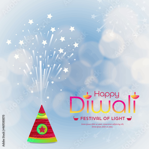 Vector illustration of burning Diwali firecrackers with blurred bokeh background design, Happy Diwali.