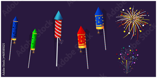 Vector illustration of a colorful firecracker set rocket. Holiday fun