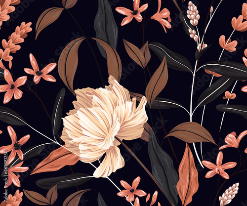 Seamless pattern with wildflowers, ornate floral pattern. Composition of large and small flowers, various leaves and herbs on dark background. Autumn, winter botanical print. Vintage design. Vector.