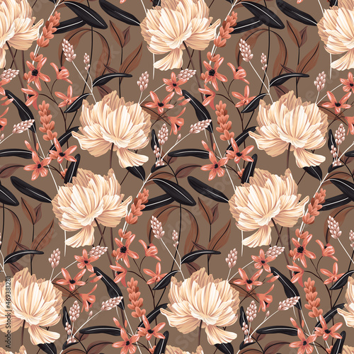 Seamless pattern with dry plants, vintage floral pattern. A dense composition of wildflowers, large white flowers, various leaves and twigs on a brown background. Vector botanical illustration.