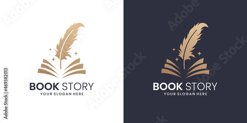 Story life book .store logo, book and feather, gradient logo template. Premium Vector