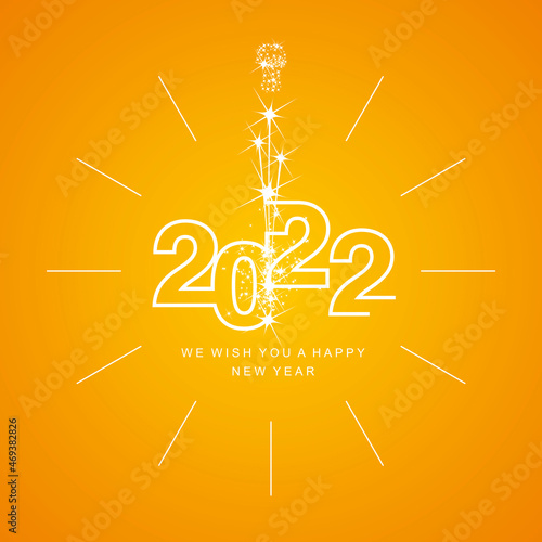 Happy New Year 2022 clock countdown with sparkle firework white line design shining numbers orange yellow background