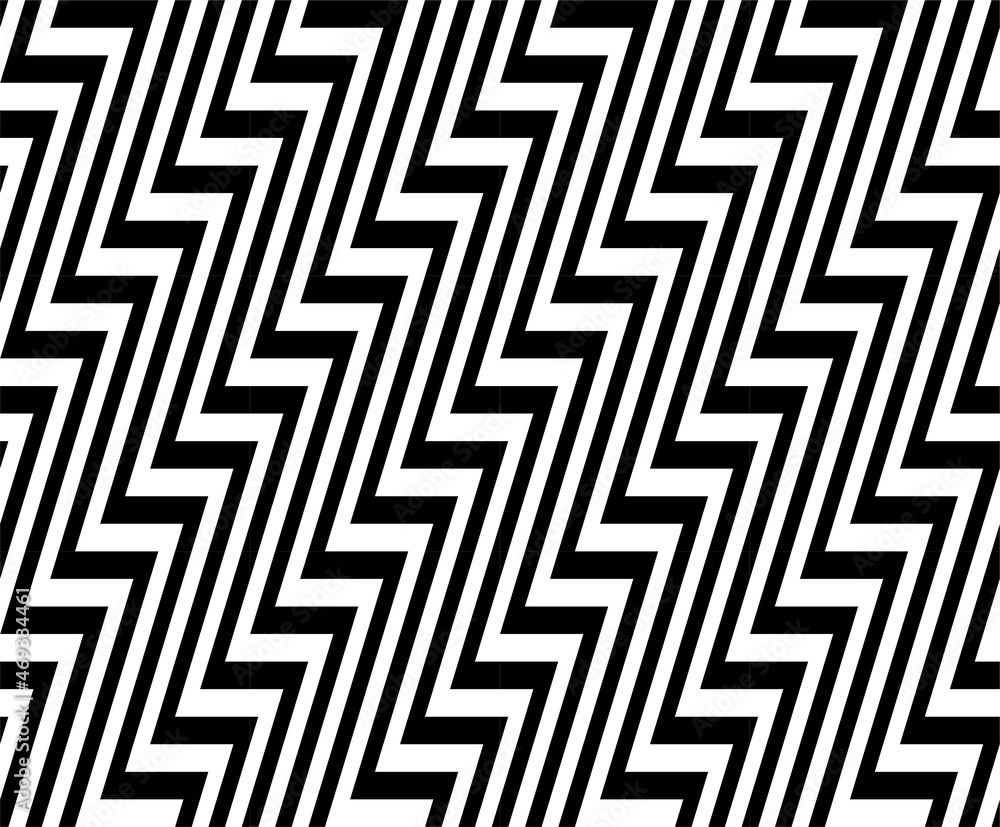 Zig-zag creative background. Black white striped seamless pattern. Op art, optical illusion. Vector texture.