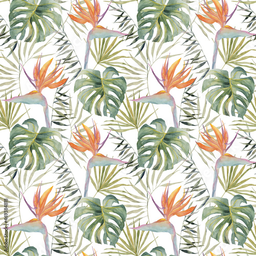 Strelitzia, palm tree, monstera leaves. Tropical exotic bright seamless pattern. Watercolor hand made botanical print. On white background. For summer beach textile, cards for birthday, party