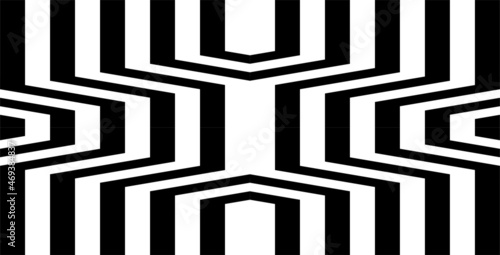 Futuristic technologic background by elements of hexagon. Black white striped seamless pattern. Op art, optical illusion. Vector texture.