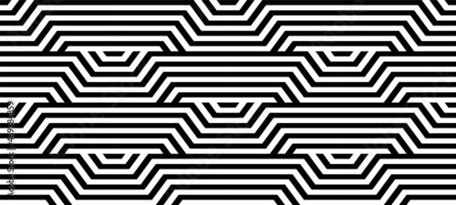 Futuristic technologic background by elements of hexagon. Black white striped seamless pattern. Op art, optical illusion. Vector texture.