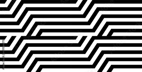 Futuristic technologic background by elements of hexagon. Black white striped seamless pattern. Op art, optical illusion. Vector texture.