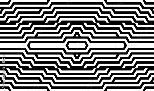 Futuristic technologic background by elements of hexagon. Black white striped seamless pattern. Op art, optical illusion. Vector texture.