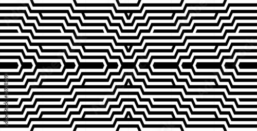 Futuristic technologic background by elements of hexagon. Black white striped seamless pattern. Op art, optical illusion. Vector texture.