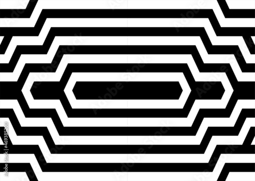 Futuristic technologic background by elements of hexagon. Black white striped seamless pattern. Op art, optical illusion. Vector texture.