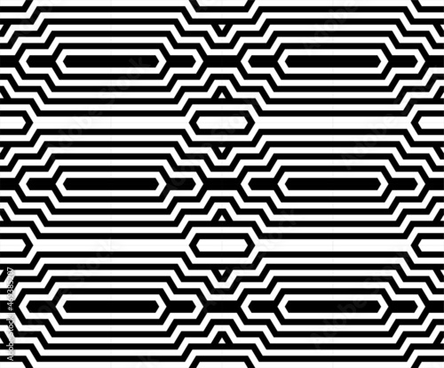 Futuristic technologic background by elements of hexagon. Black white striped seamless pattern. Op art, optical illusion. Vector texture.