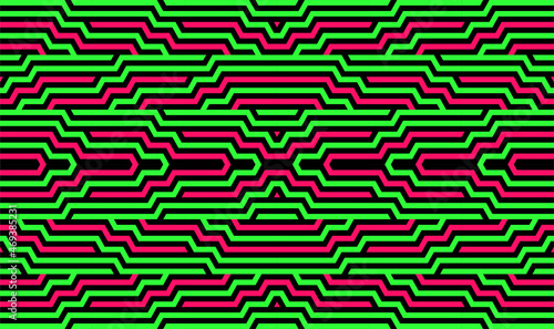 Futuristic technologic background by elements of hexagon. Color striped seamless pattern. Bright and colorful modern vector texture. Op art.