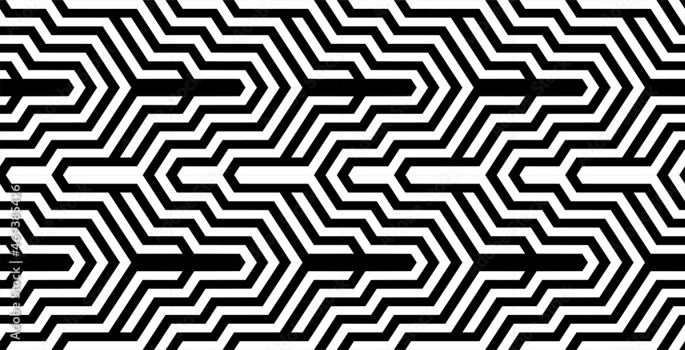 Futuristic technologic background by elements of hexagon. Black white striped seamless pattern. Op art, optical illusion. Vector texture.