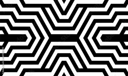 Futuristic technologic background by elements of hexagon. Black white striped seamless pattern. Op art, optical illusion. Vector texture.