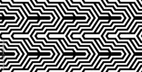 Futuristic technologic background by elements of hexagon. Black white striped seamless pattern. Op art, optical illusion. Vector texture.