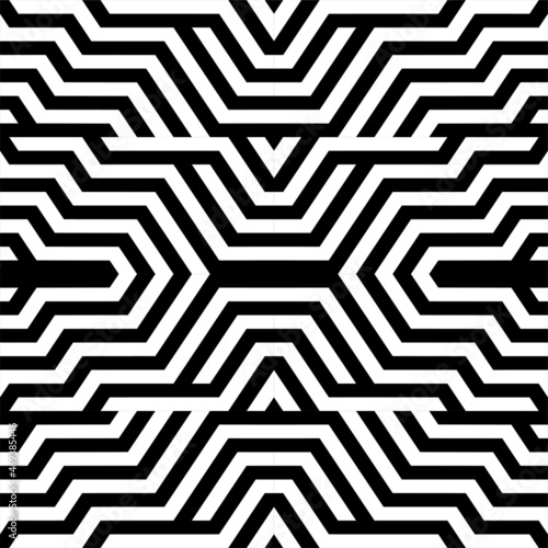Futuristic technologic background by elements of hexagon. Black white striped seamless pattern. Op art, optical illusion. Vector texture.