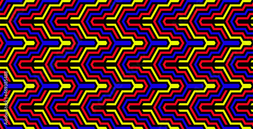 Futuristic technologic background by elements of hexagon. Multi-colored striped seamless pattern. Bright and colorful modern vector texture. Op art.