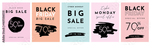 Set of Cyber Monday and Black Friday Sale Templates. Vector Illustrations with Brush Stroke Effect. Isolated Elements. Great for Social Media Post, Promotion, Advertising, Newsletter, Poster or Flyer.