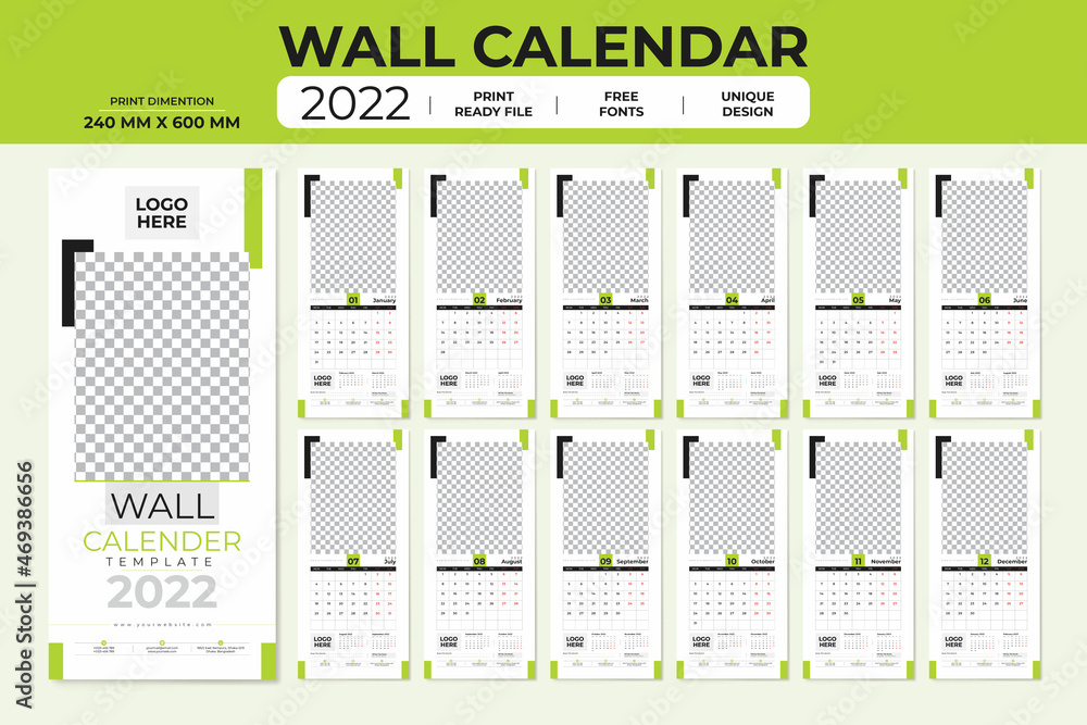 Wall Calendar 2022 Tall wall calendar Print ready Stock Vector Wall Calendar 2022 Tall wall calendar Print ready Stock Vector
