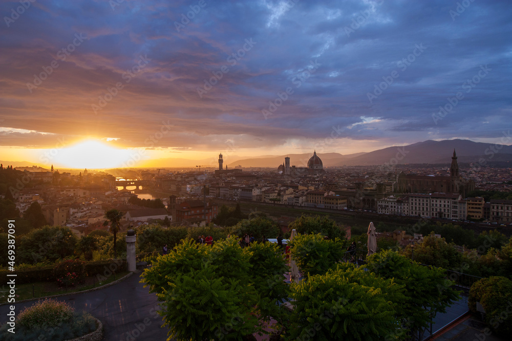 Beautiful and romantic city landscape sunset view from Piazzale Michelangelo at Florence, Italy