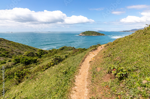 Trail to the beach with istand and vegetation