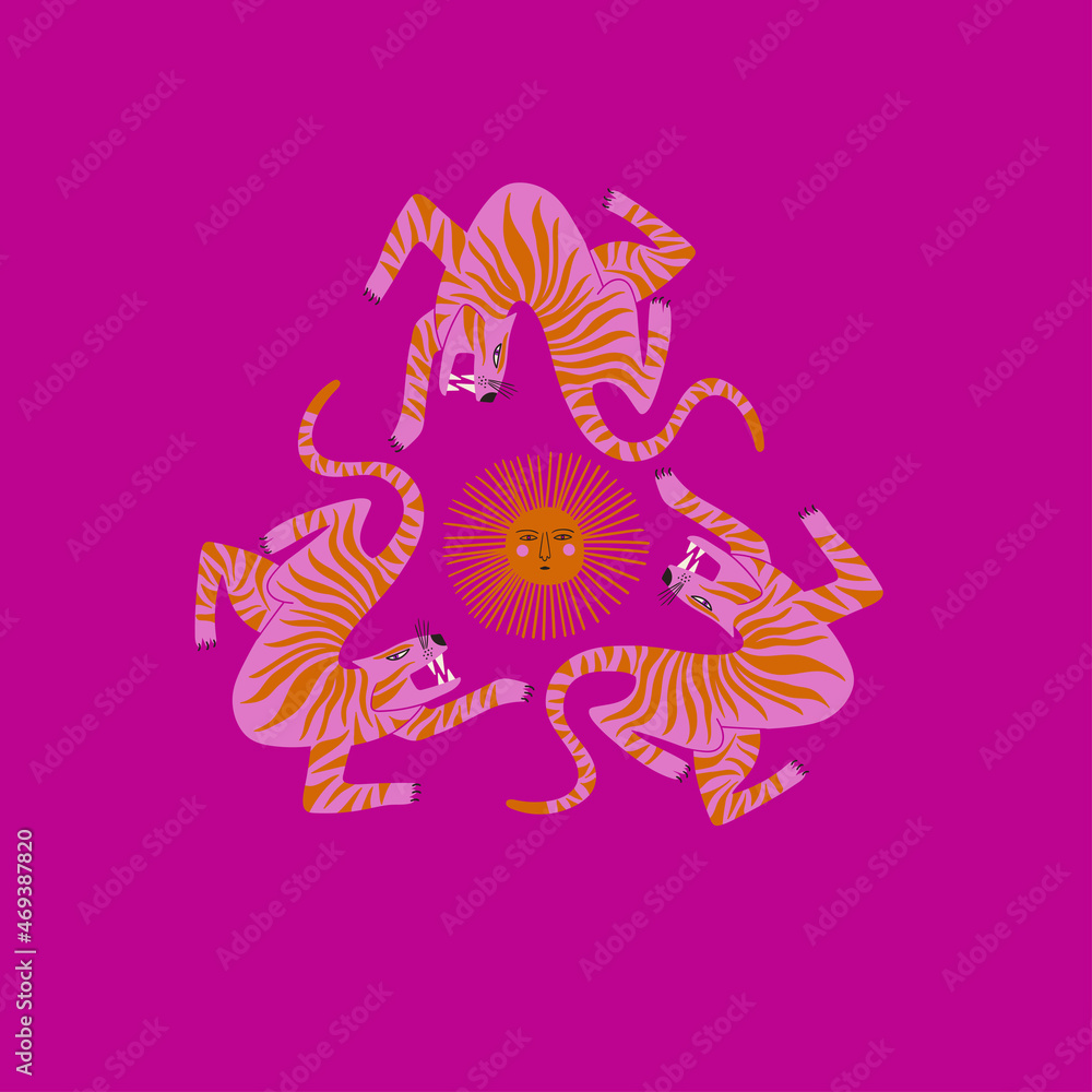 Fototapeta premium Trendy colorful card with funky tigers.