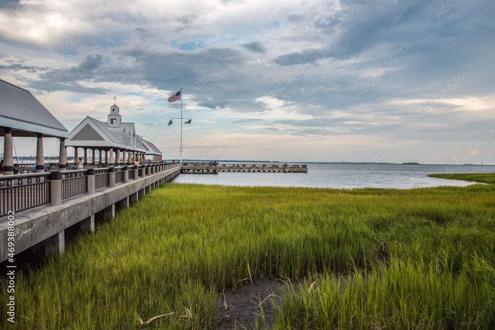 Naklejka premium White pier and sea grass at Charleston bay