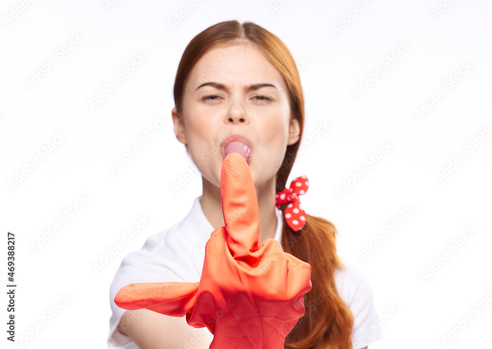cleaning lady in red rubber gloves posing fun light background cleaning lady in red rubber gloves posing fun light background