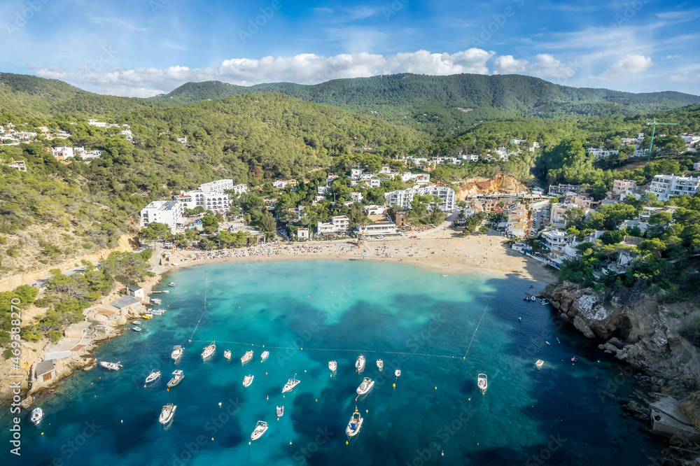Aerial view of Cala Vadella, Ibiza islands, Spain
