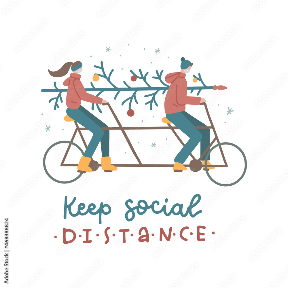 Christmas in new normal concept. Young couple - man and woman - carrying pine tree for christmas tree while riding very long tandem bicycle or quint. Keep social distance. Flat vector illustration.
