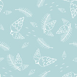 Winter light blue background with white silhouettes of fir branches and cones. New Year's festive theme. Vector design for wrapping paper, sites, prints, wallpapers, decorations, textiles, other decor