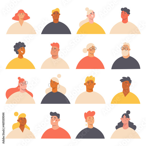 Set of smiling cheerful people avatars. Collection of diverse character portraits. Flat vector illustration.