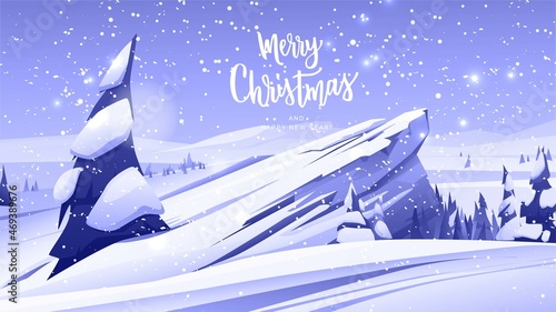 Mountain winter landscape with snowy trees. Merry Christmas hand lettering text. Vector illustration