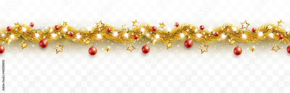 Border with golden fir branches, gold stars, red balls, lights isolated on transparent background. Pine, xmas plants seamless banner. Vector holiday Christmas tree garland decoration - obrazy, fototapety, plakaty 