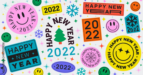 Abstract Hipster Cool Background with Stickers, Pins, Patches and Badges. Happy New Year 2022 Trendy Illustration.