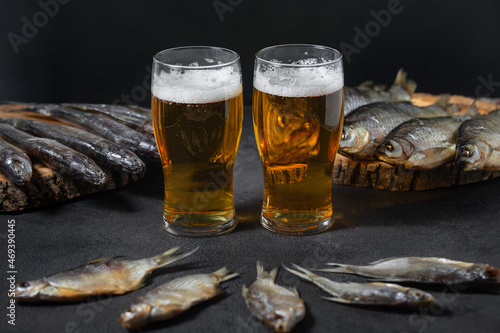 Fish, ready-made, dry, salted, many, different varieties are laid out on a dark background with beer poured into glasses with foam. Guster, taranka, roach, pike perch photo