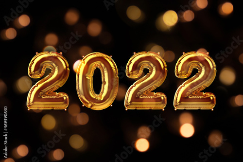 3D Render of Golden inflatable foil balloons set with bokeh lights. Bright party 2022 decoration figures. New year celebration postcard. Graphic elements for Xmas design. Happy holidays background
