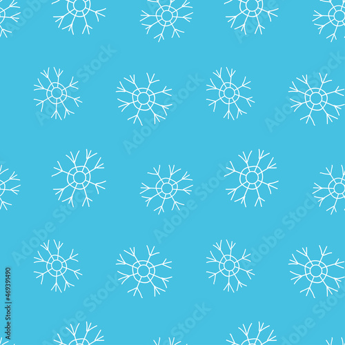 Seamless Pattern of Snowflakes in doodle style, white on a blue background. Winter decor for Christmas and New Year. Design Snow-flakes of textiles, wrapping paper, cards. Vector linear illustration.