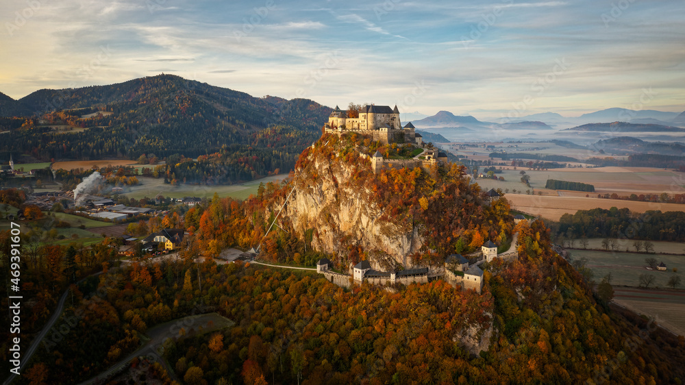 View of Hochosterwitz Castle, one of Austria most impressive medieval castles dating back to the 9th century and one of the landmarks of Carinthia. Autumn morning in Alps, castle on the hill