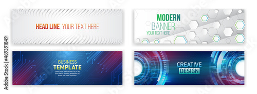 Set of modern banner templates for websites. Abstract social media cover design. Horizontal header web background. High tech design with technological elements. Science and digital technology concept