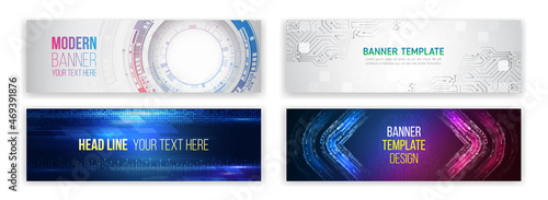 Set of modern banner templates for websites. Abstract social media cover design. Horizontal header web background. High tech design with technological elements. Science and digital technology concept